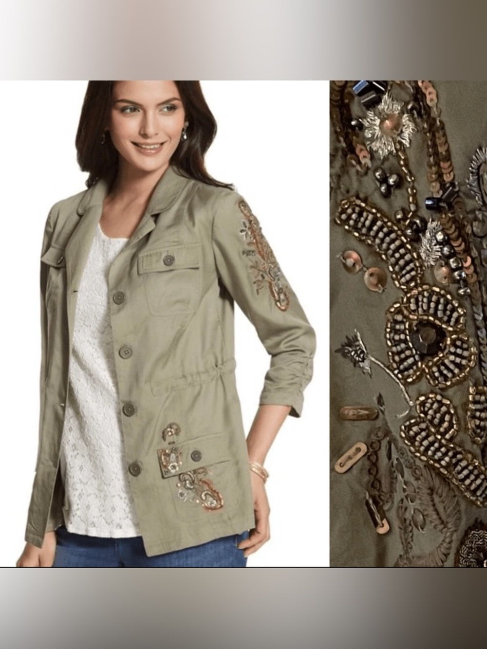 Chico's Olive Green Embroidered Utility Jacket military beaded feminine